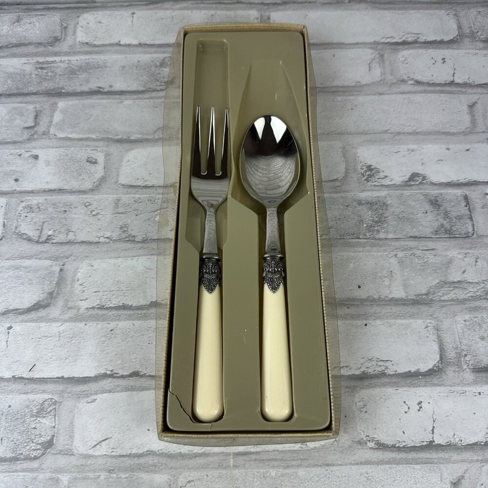 Inox Napoleon Ivory Color 2pc Serving Set Spoon Fork Italy Godinger